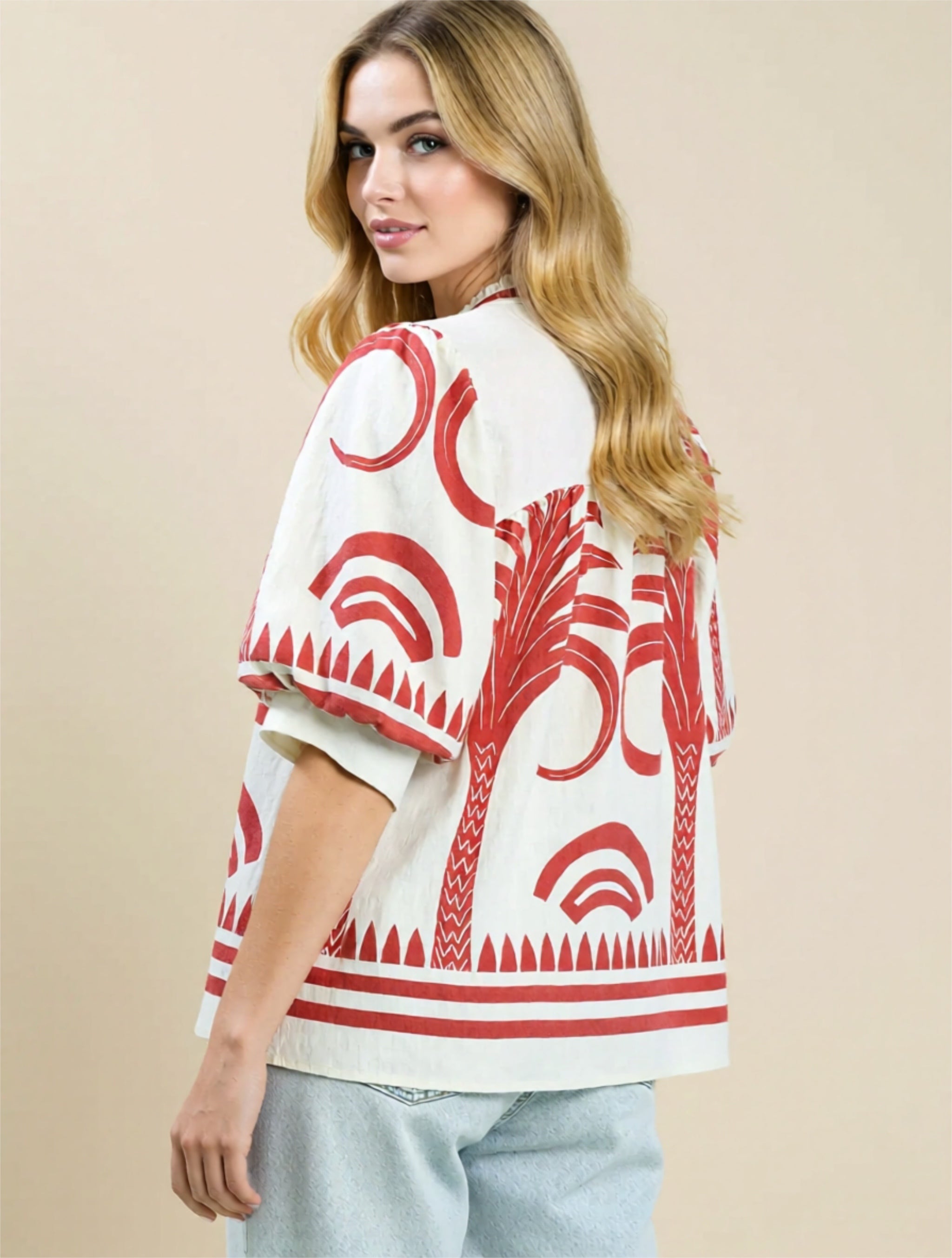 Folk Art Palm Print V-Neck Top