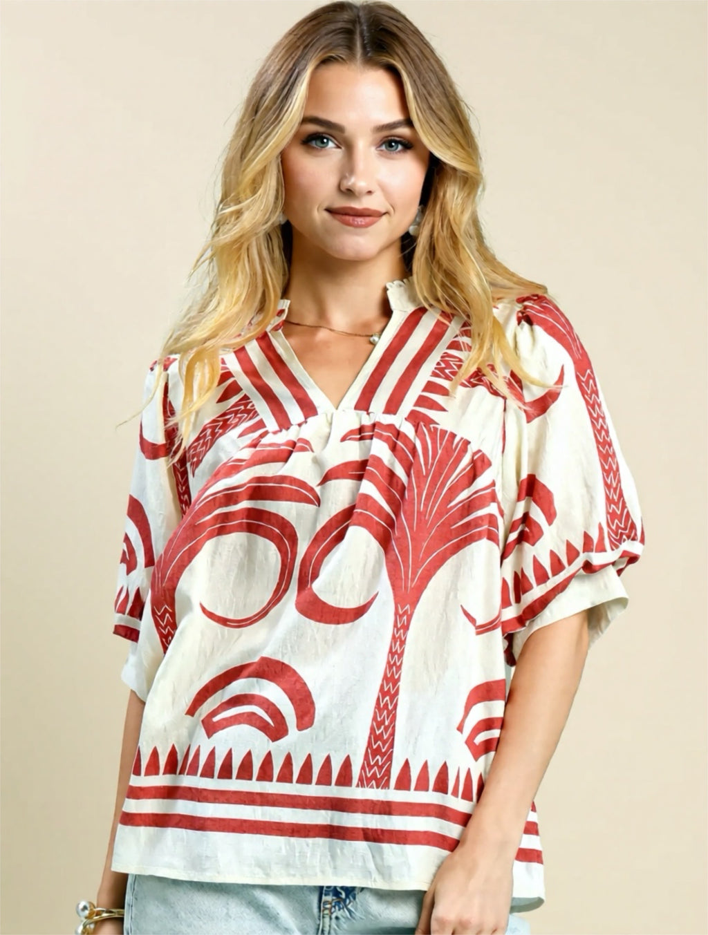 Folk Art Palm Print V-Neck Top