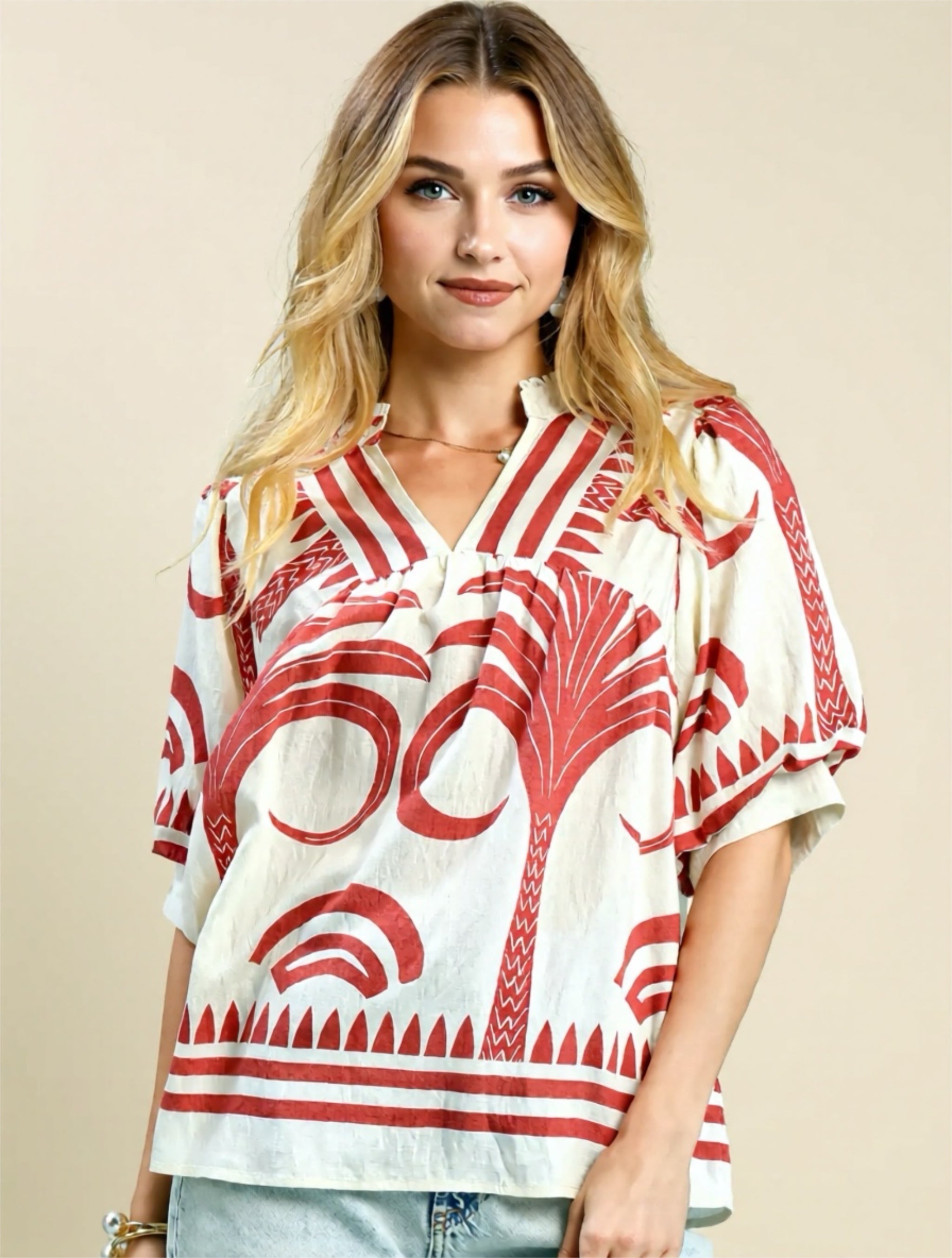 Folk Art Palm Print V-Neck Top