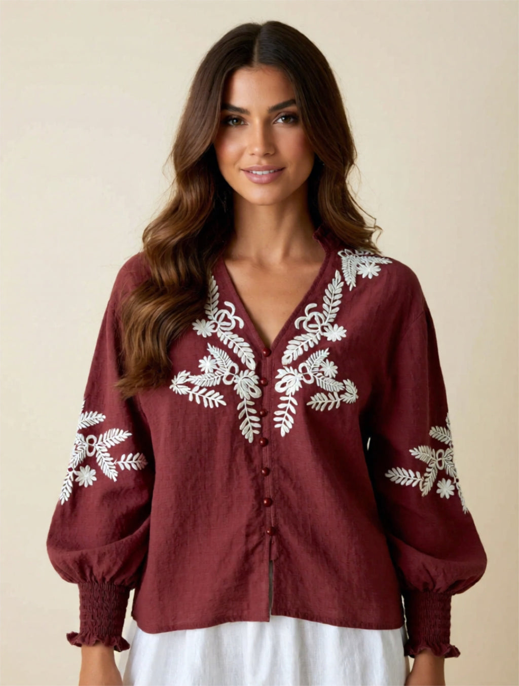 Embroidered Button-Up Blouse