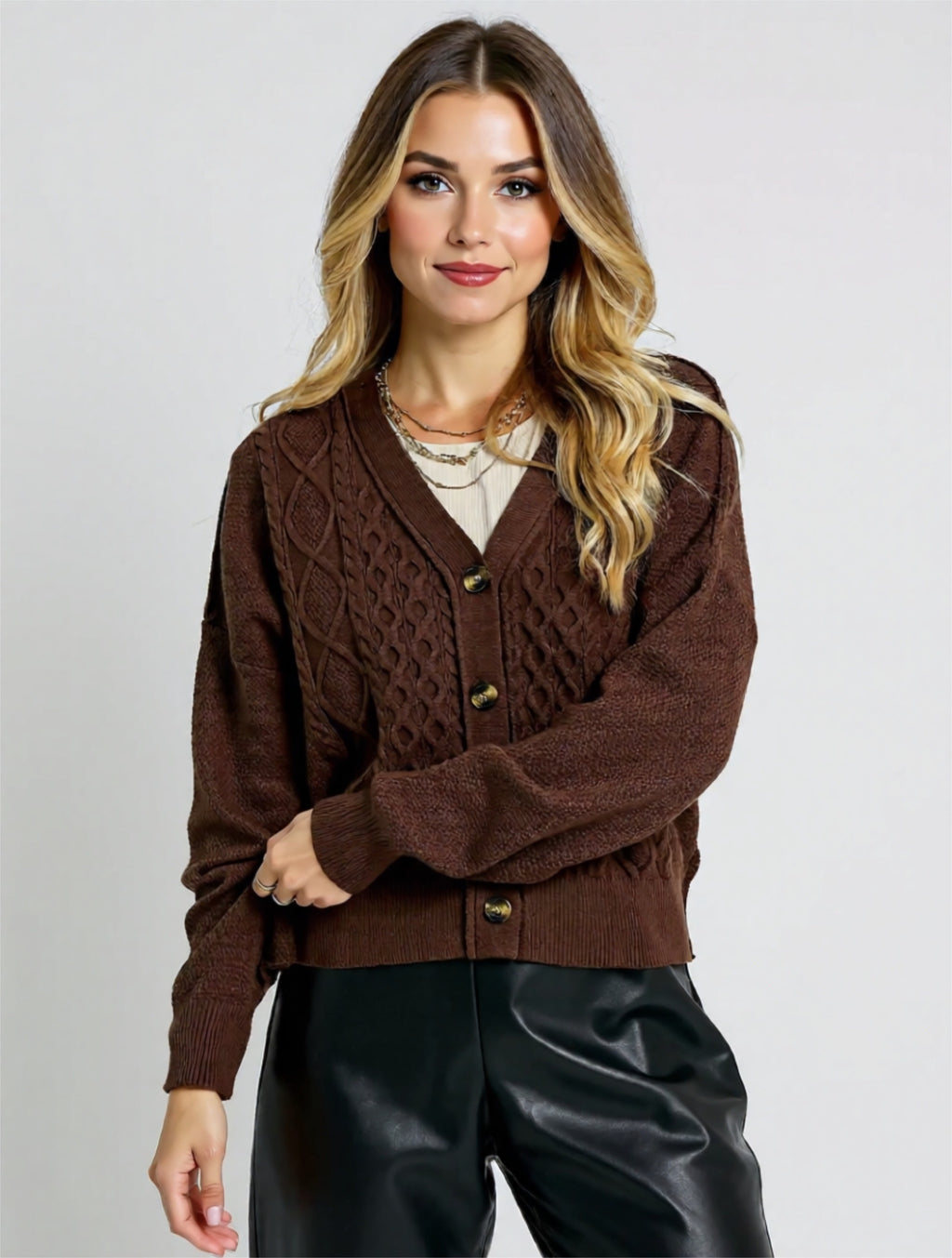 Chunky Cable Knit V-Neck Button-Up Cardigan