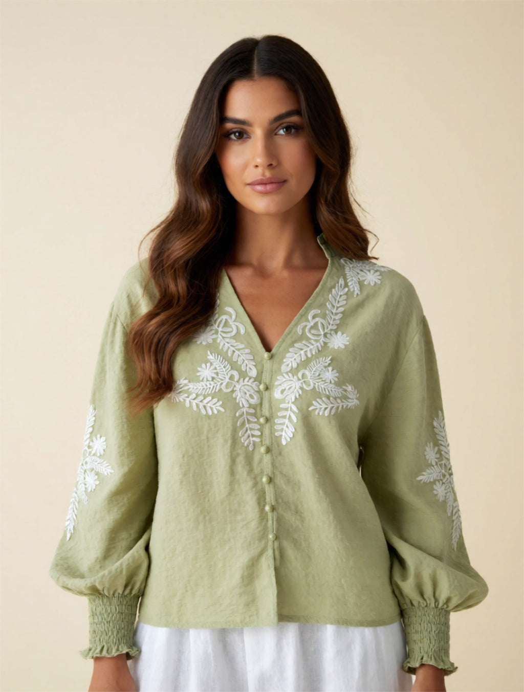 Embroidered Button-Up Blouse