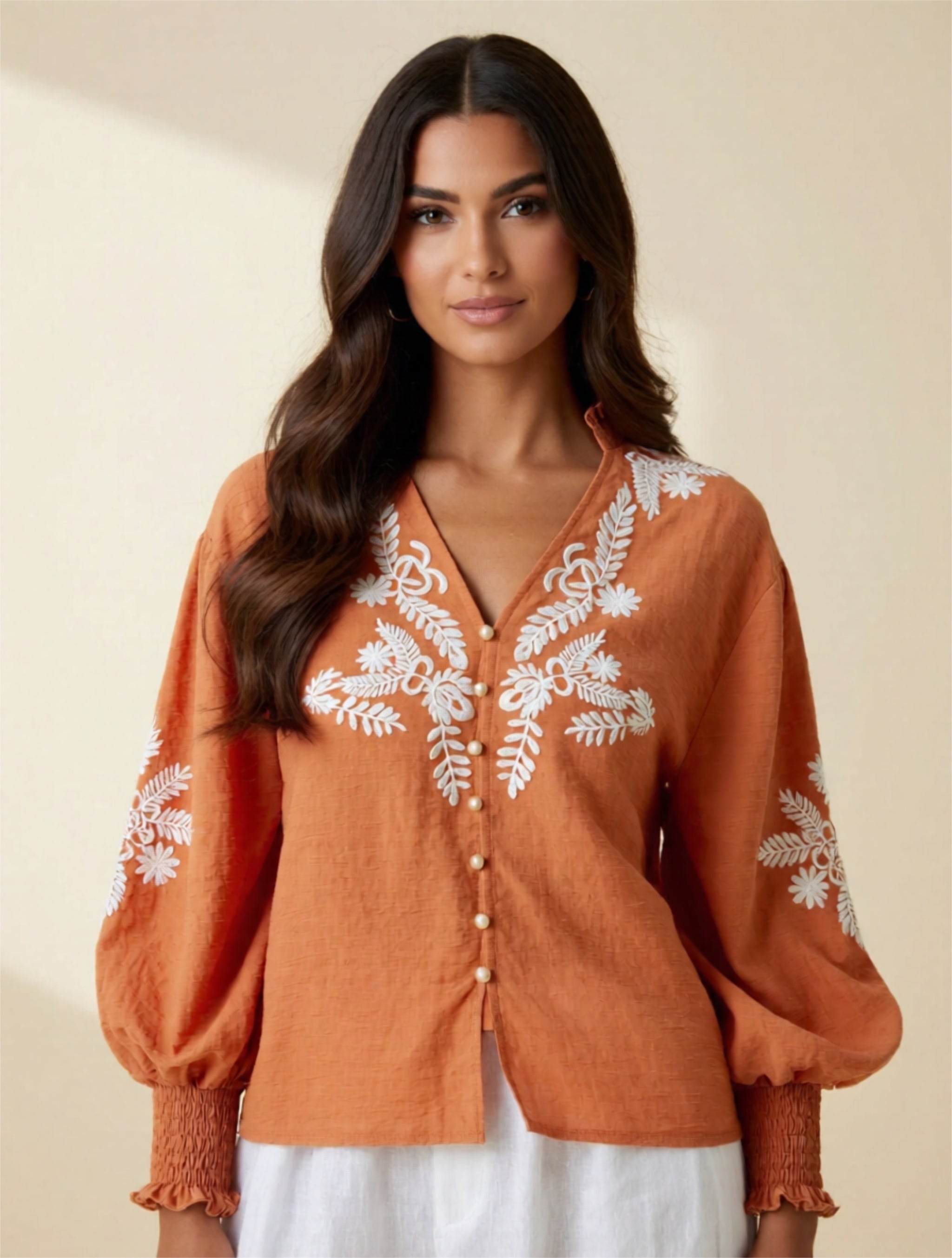 Embroidered Button-Up Blouse