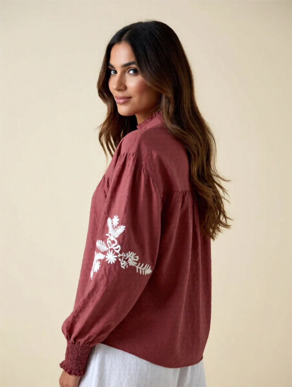 Embroidered Button-Up Blouse