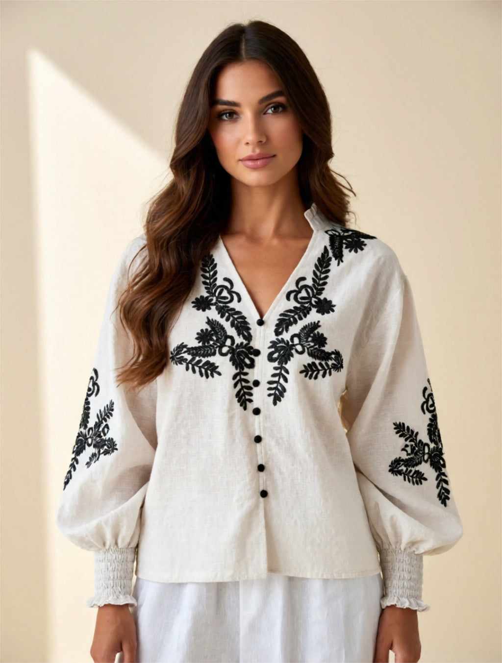 Embroidered Button-Up Blouse