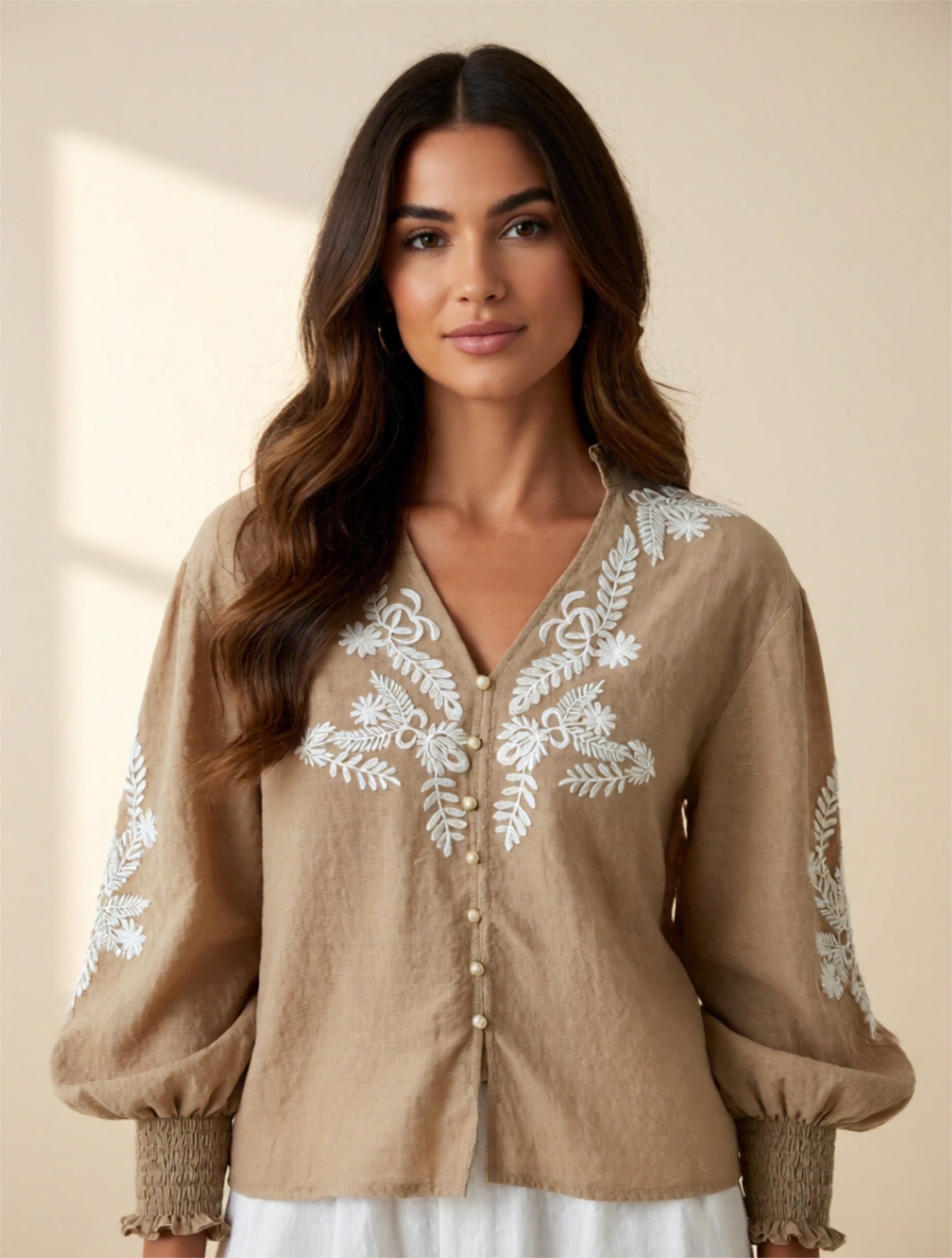 Embroidered Button-Up Blouse
