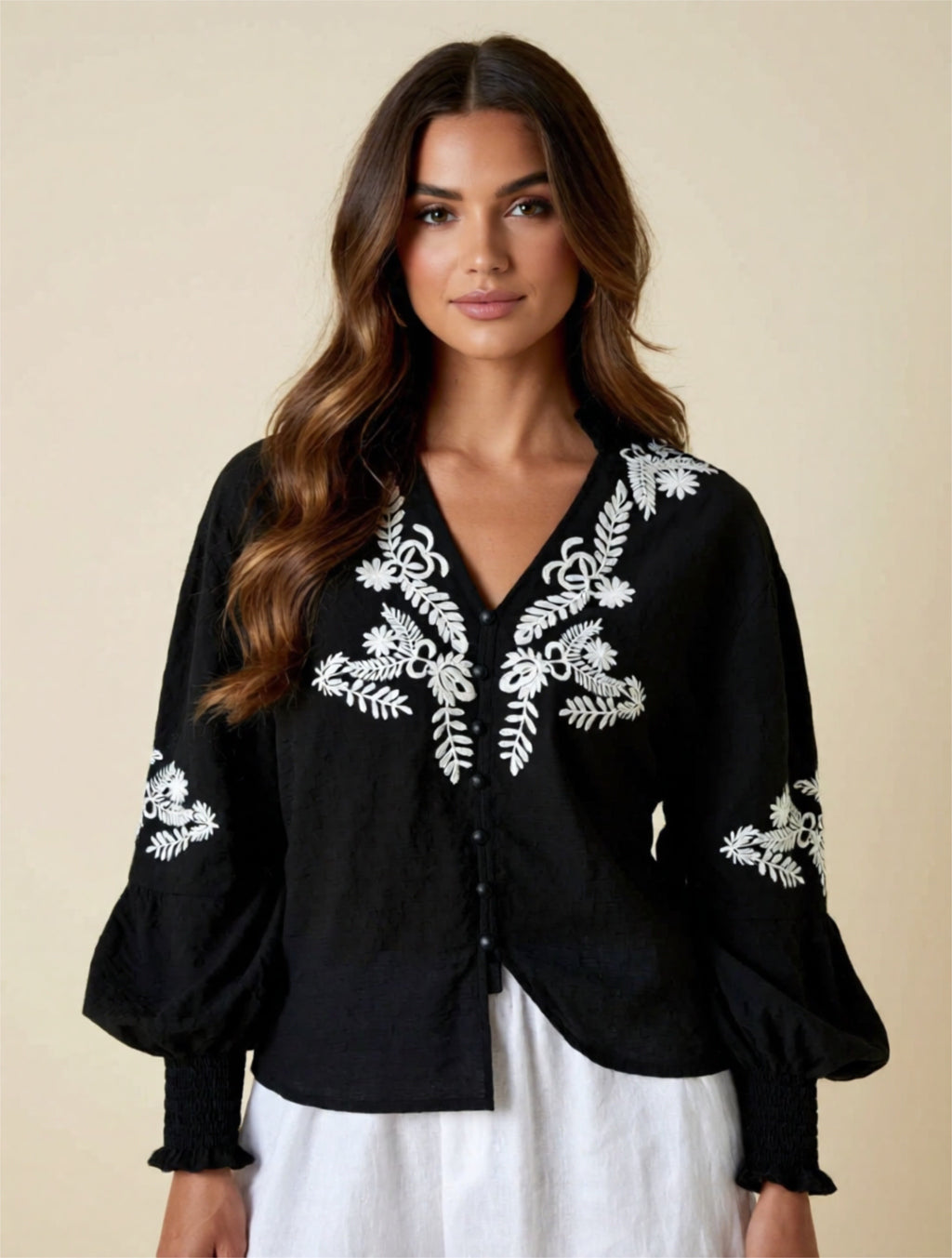 Embroidered Button-Up Blouse