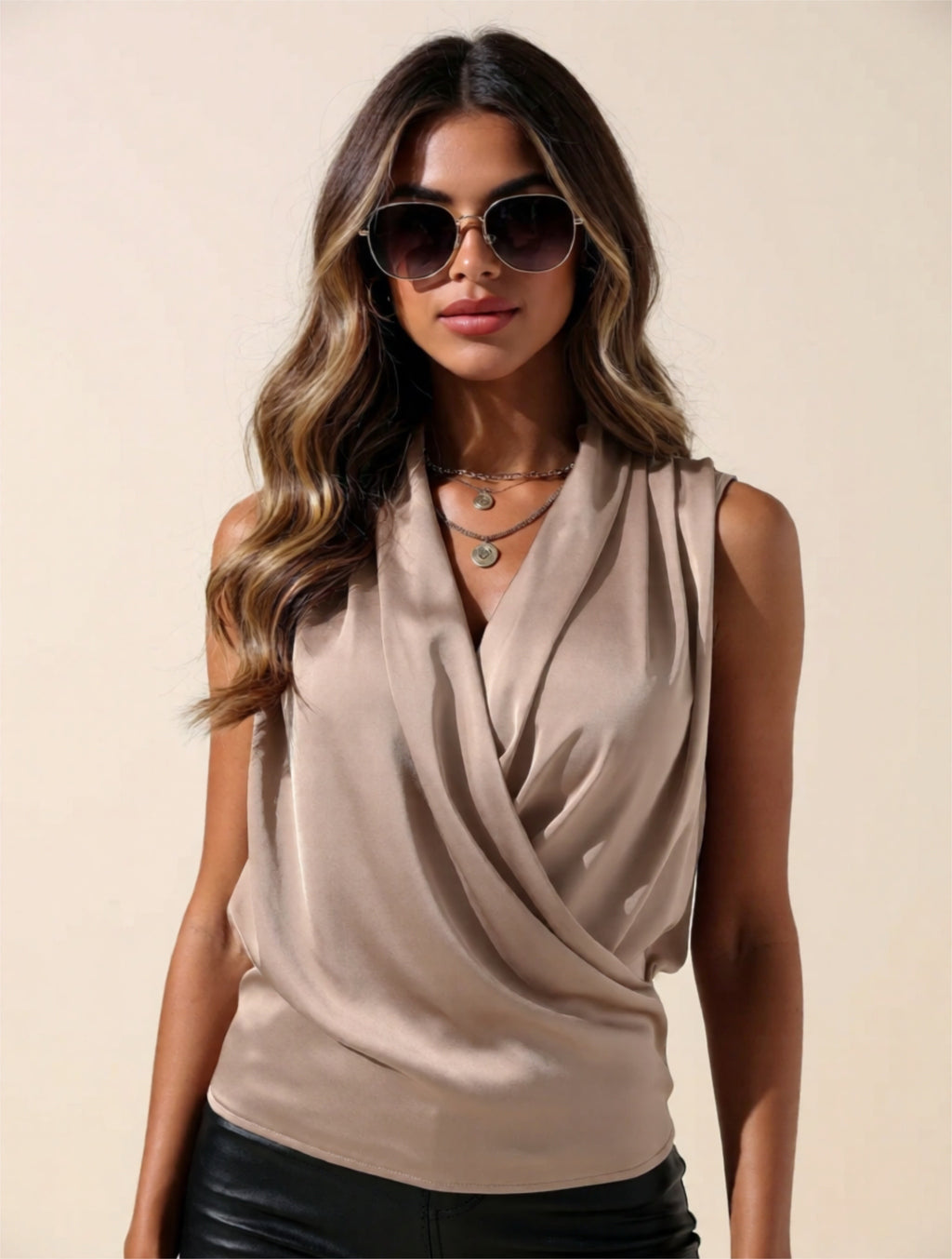 Sleeveless Draped V-Neck Blouse