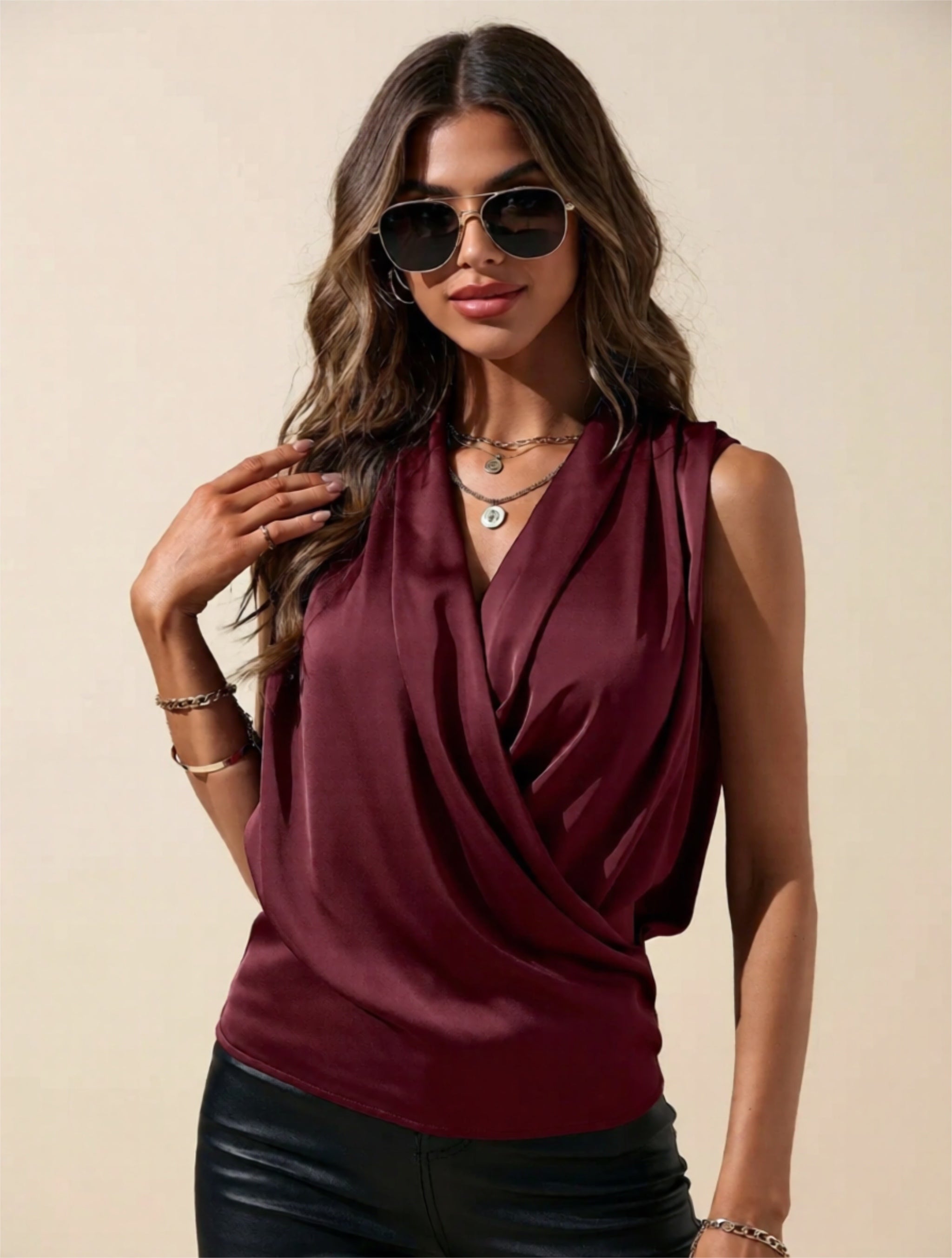 Sleeveless Draped V-Neck Blouse