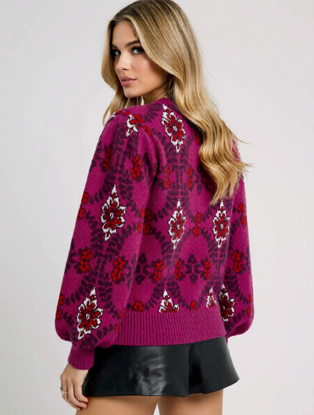 Jacquard Knit Balloon Sleeve Sweater