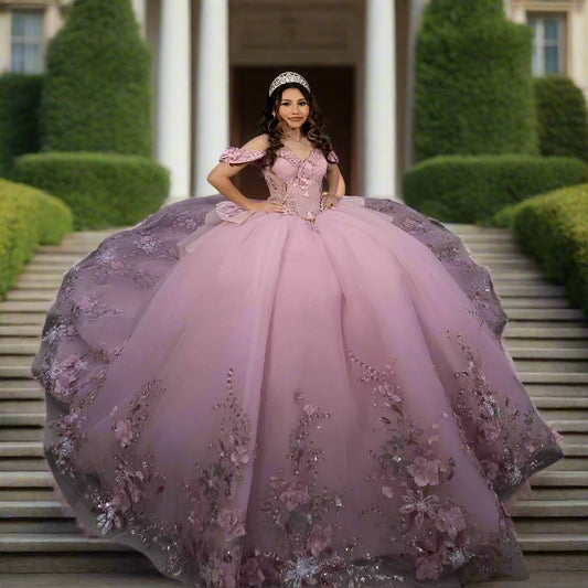 Pink Lace Up Off The Shoulder Quinceanera Dress