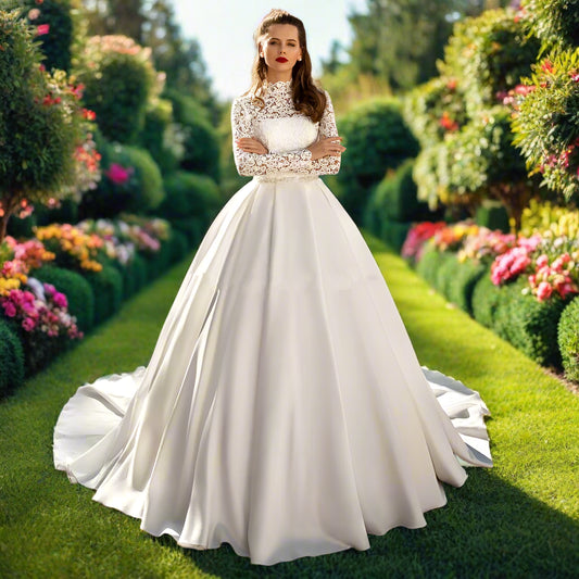 High Neck Lace Wedding Dress With Long Sleeves