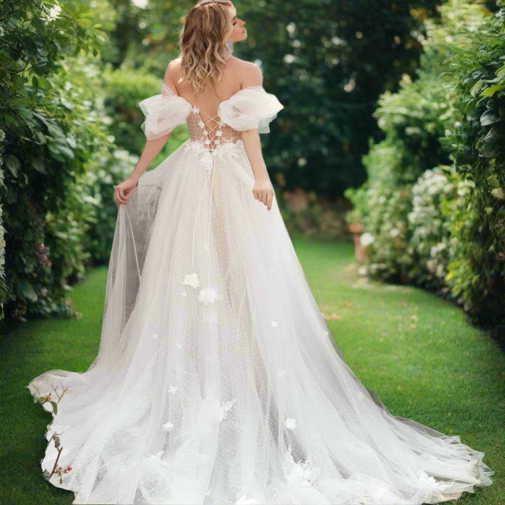 Off The Shoulder V-neck 3d Flower A Line Wedding Dress