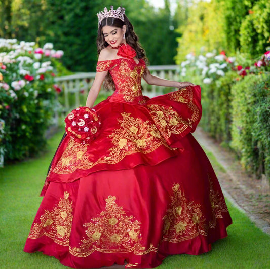 Red Off The Shoulder Mexican Charro Quinceanera Dress