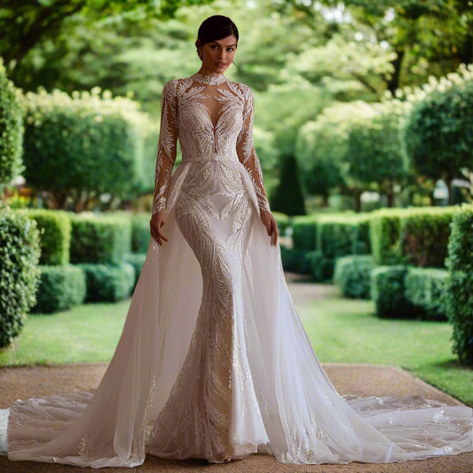 Detachable Mermaid 2 In 1 Wedding Dress with Embroidered Lace