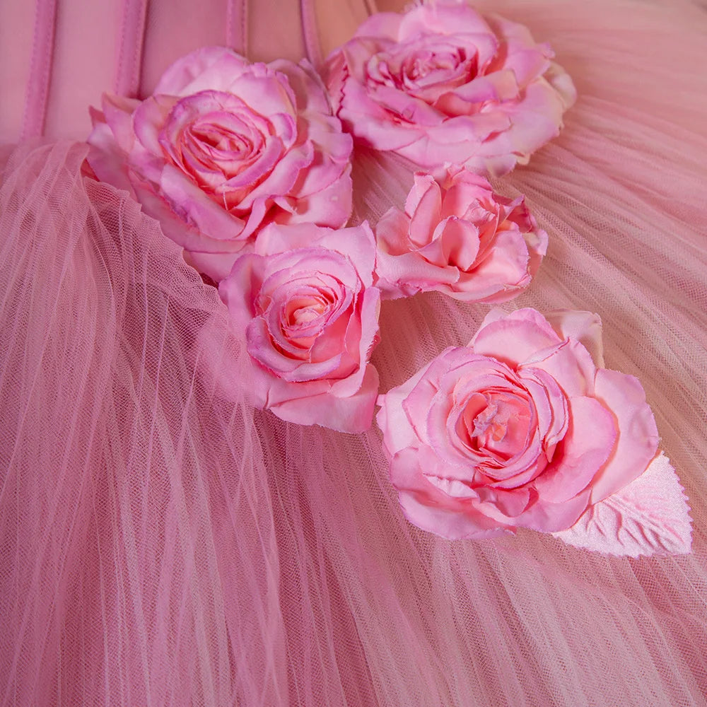 Pink Tiered Strapless Quinceanera Dress with 3D Flowers