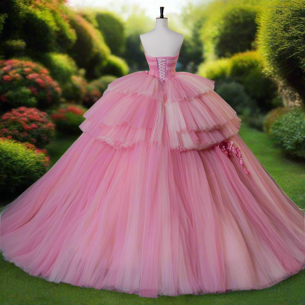 Pink Tiered Strapless Quinceanera Dress with 3D Flowers