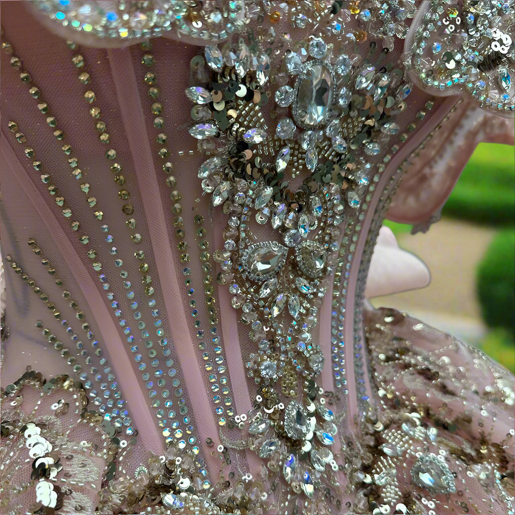 Quinceanera Off The Shoulder Pink Lace Ball Gown