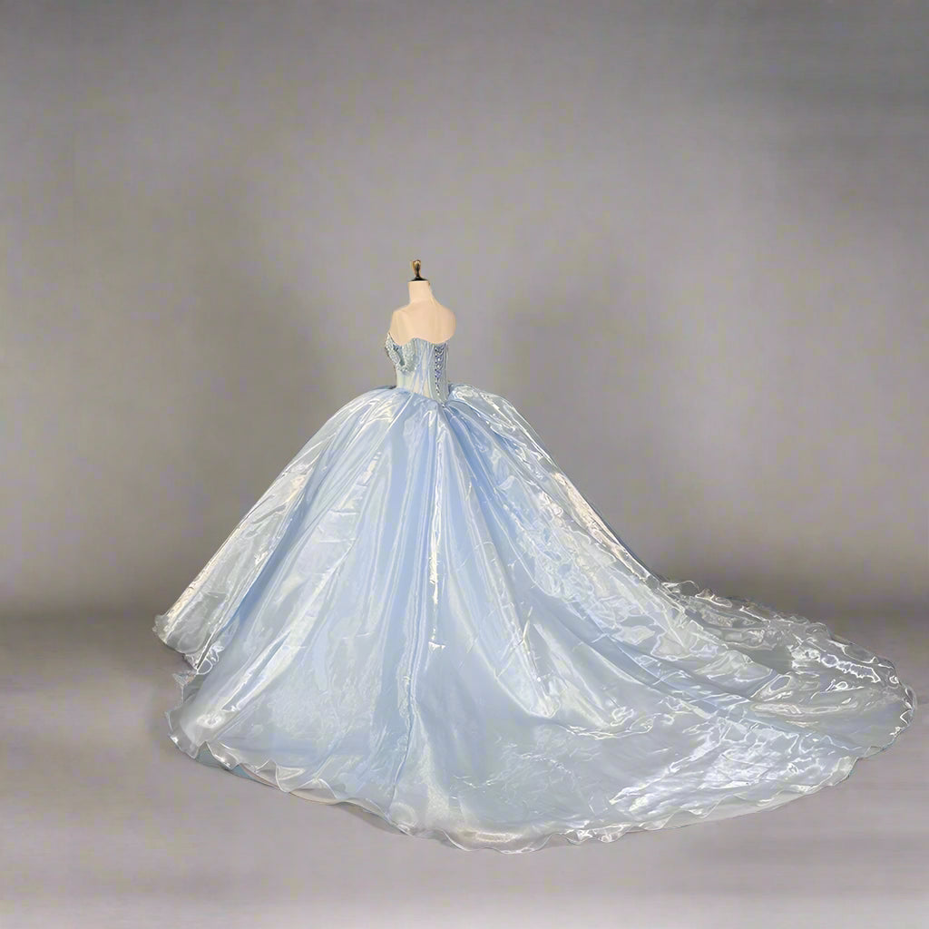 Blue Off The Shoulder Pearl Beaded Quinceanera Gown