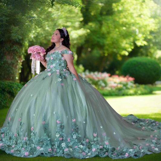 Mint Green Off The Shoulder Quinceanera Gown with 3D Flowers