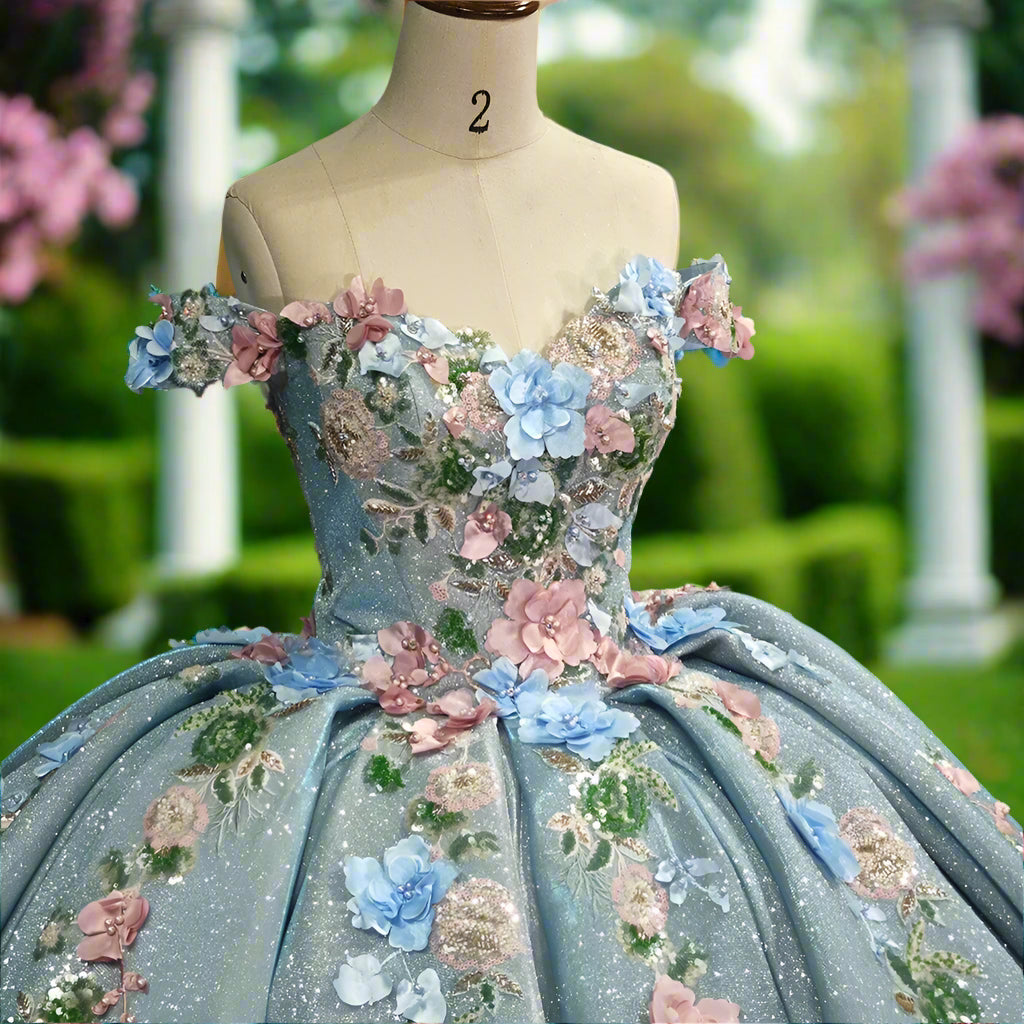Blue Off The Shoulder Quinceanera Ball Gown with 3D Flowers