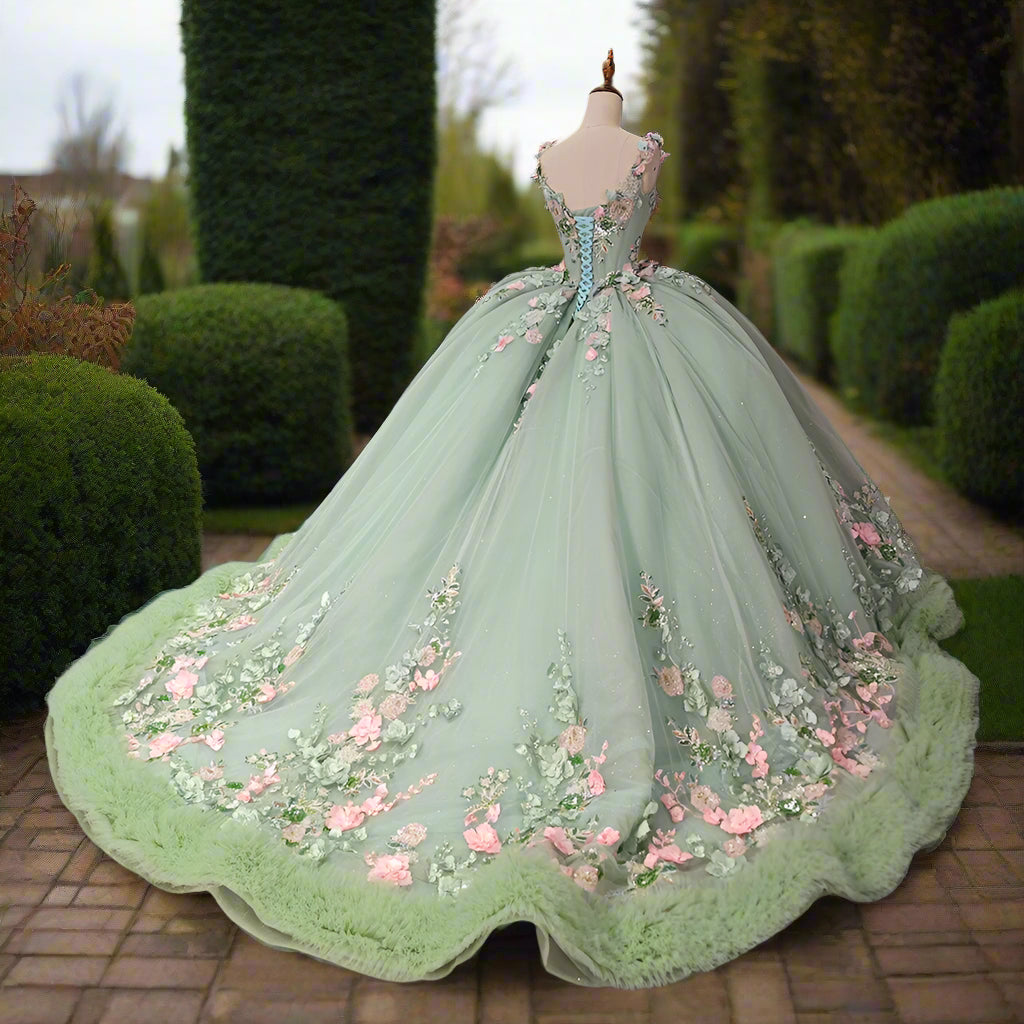 Green Sparkly Quinceanera Dress with 3D Flowers