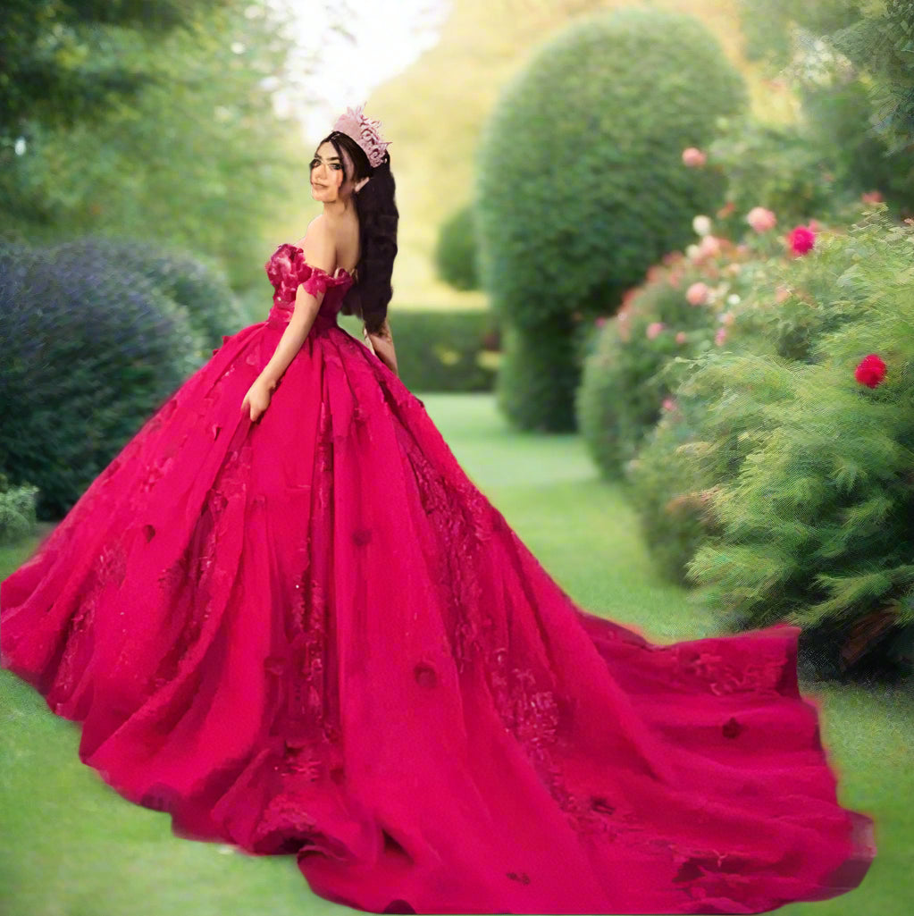 Fuchsia Floral Off The Shoulder Quinceanera Ball Gown