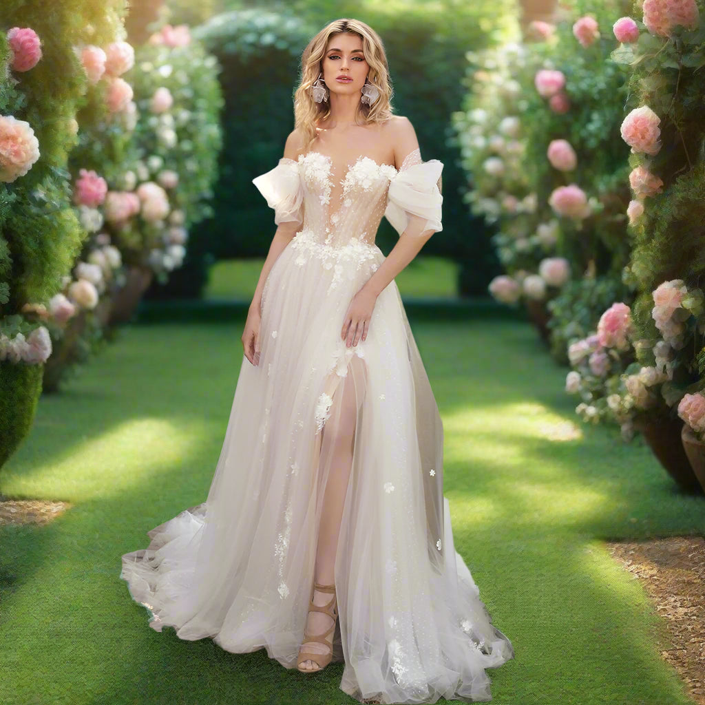 Off The Shoulder V-neck 3d Flower A Line Wedding Dress