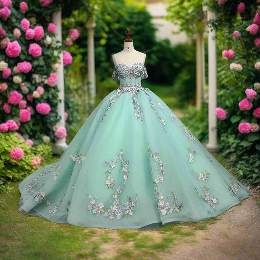 Teal Off The Shoulder Quinceanera Gown with 3D Flowers