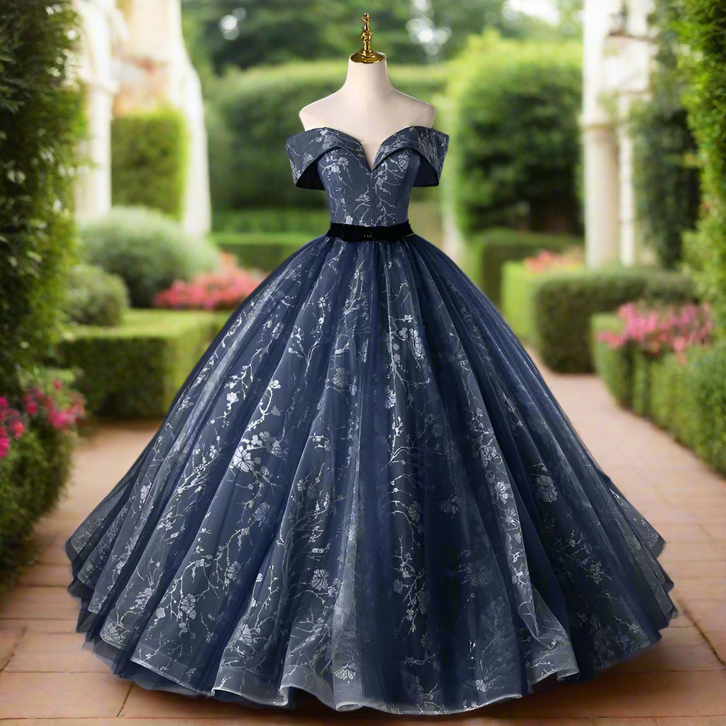 Blue Floral Off The Shoulder Quinceanera Ball Gown