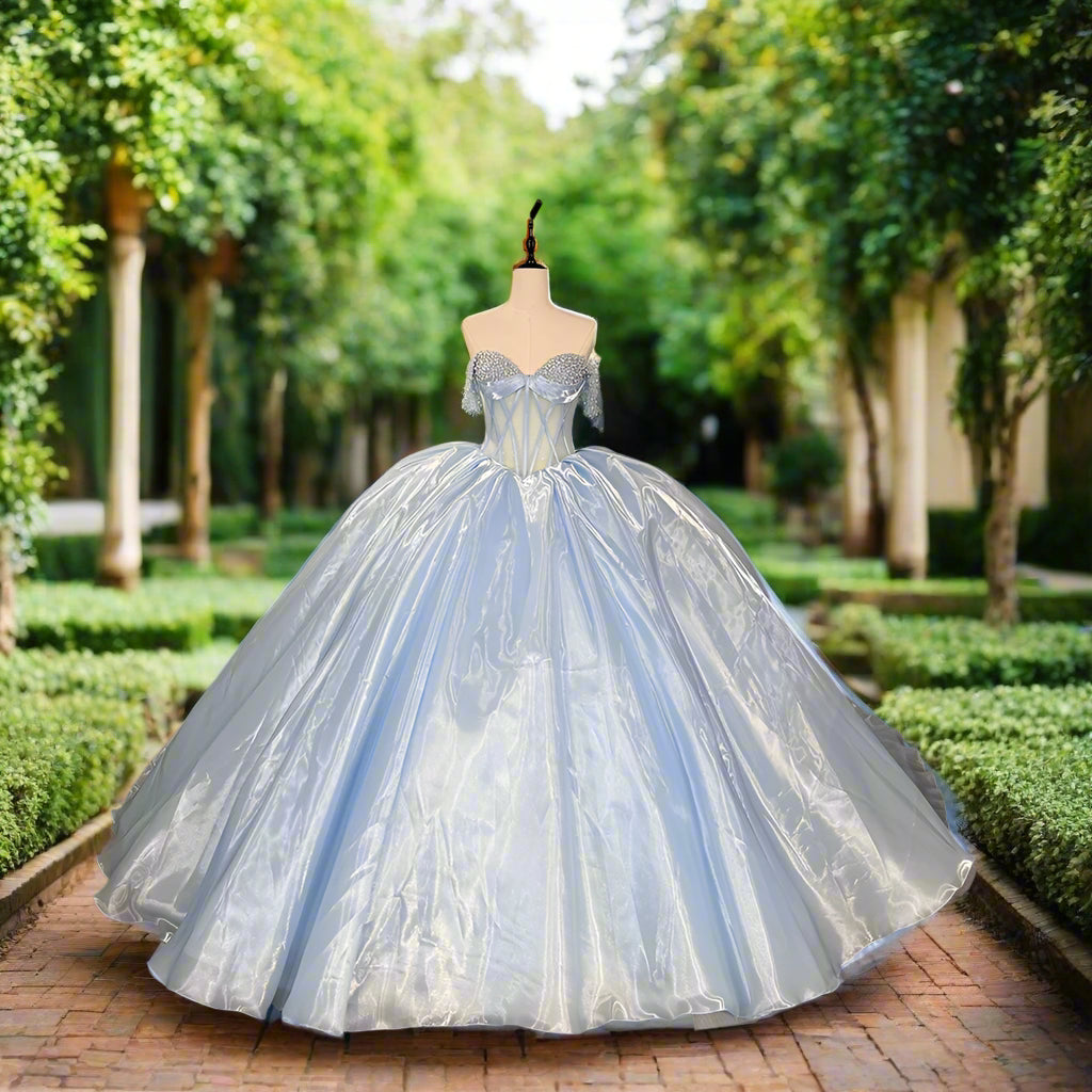 Blue Off The Shoulder Pearl Beaded Quinceanera Gown