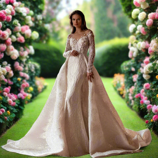 2 in 1 Beaded & Lace Long Sleeve Wedding Dress With Detachable Train