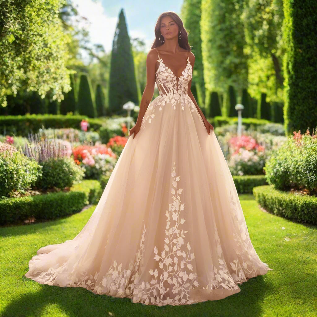 V-Neck Applique Backless Wedding Gown