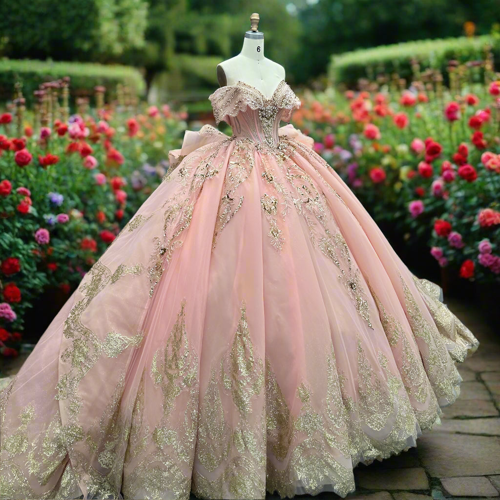 Quinceanera Off The Shoulder Pink Lace Ball Gown
