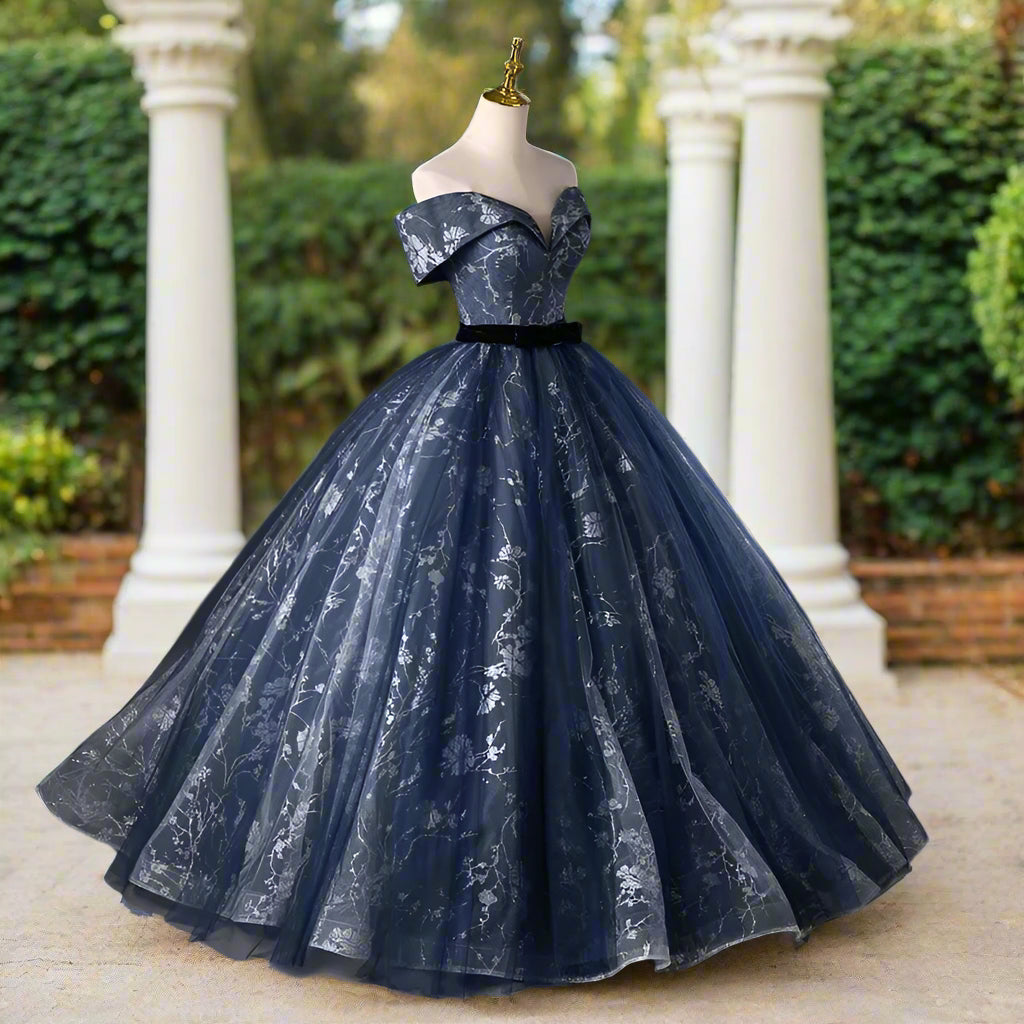Blue Floral Off The Shoulder Quinceanera Ball Gown