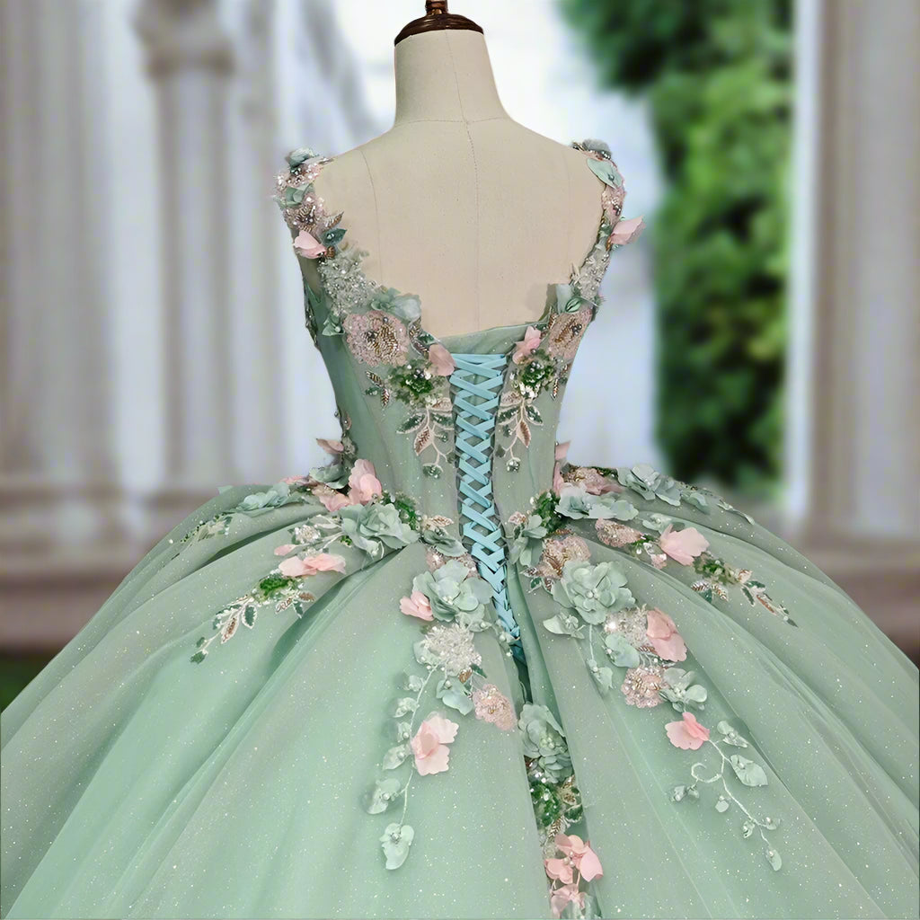 Green Sparkly Quinceanera Dress with 3D Flowers