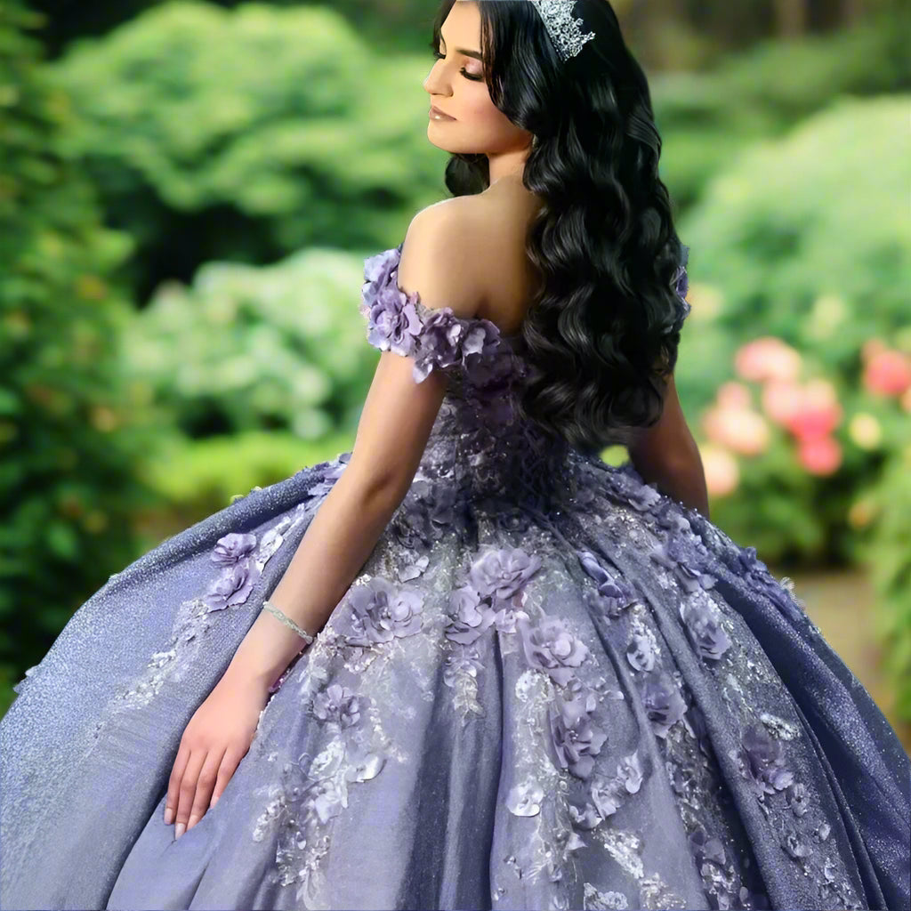Purple Off The Shoulder Quinceanera Dress with 3D Flowers