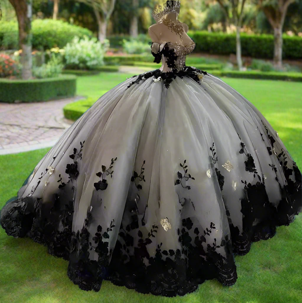 Enchanting Black Floral Applique Quinceanera Dress