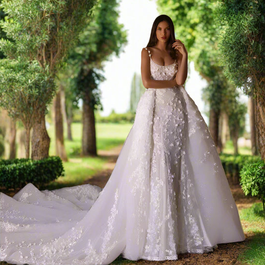 Glitter Detachable 2 In 1 Wedding Dress with Embroidered Lace