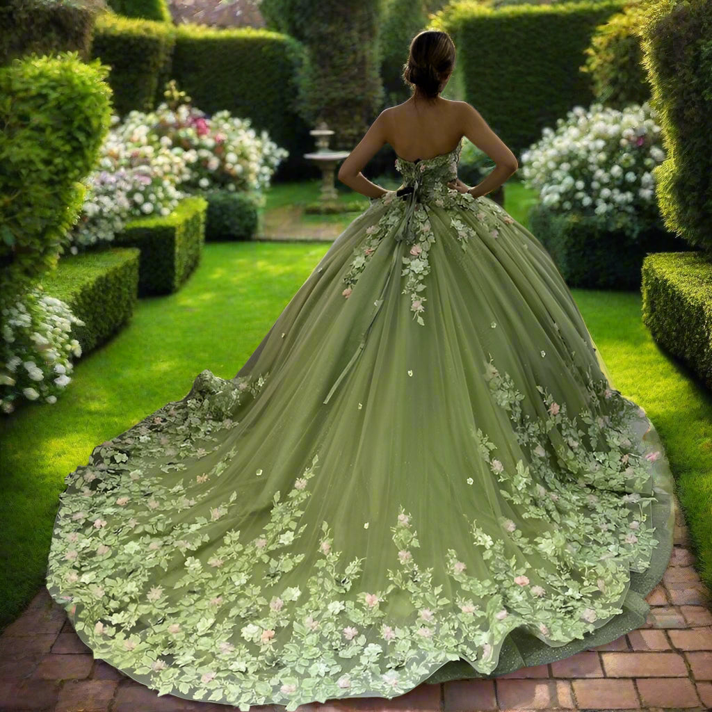 Green Quinceanera Dress with Floral Appliques