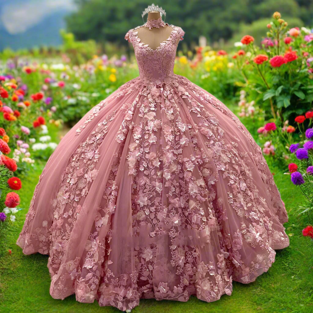Pink Floral Quinceanera Ball Gown