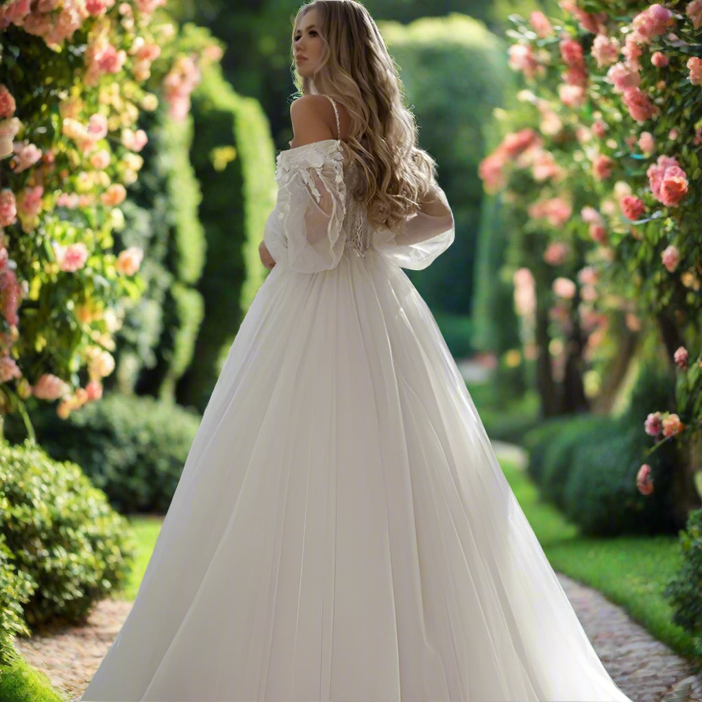 Off The Shoulder Lace Wedding Dress with Long Puff Sleeves
