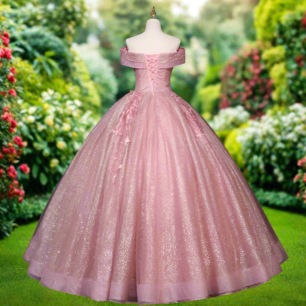 Off Shoulder Quinceanera Dress with Beaded Lace Glitter Tulle