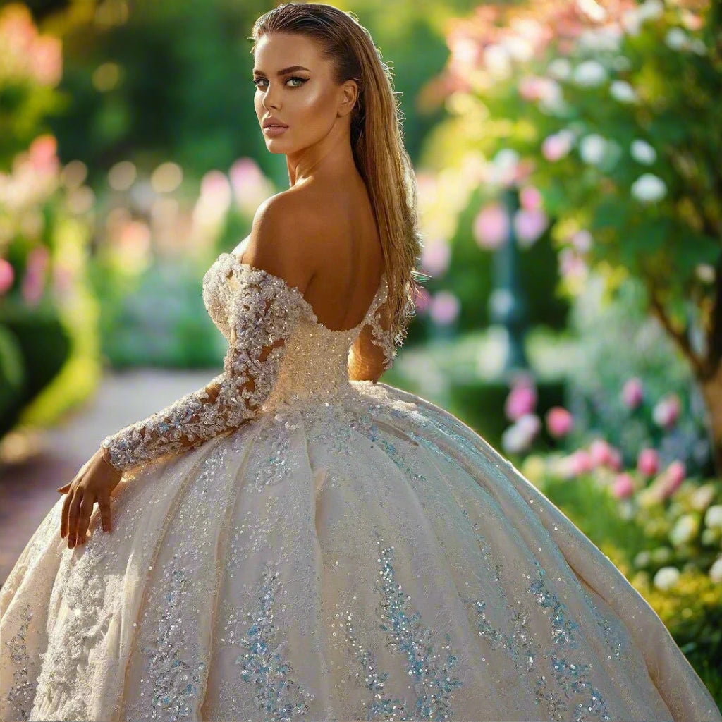 V-Neck Lace Long Sleeve Off The Shoulder Wedding Dress