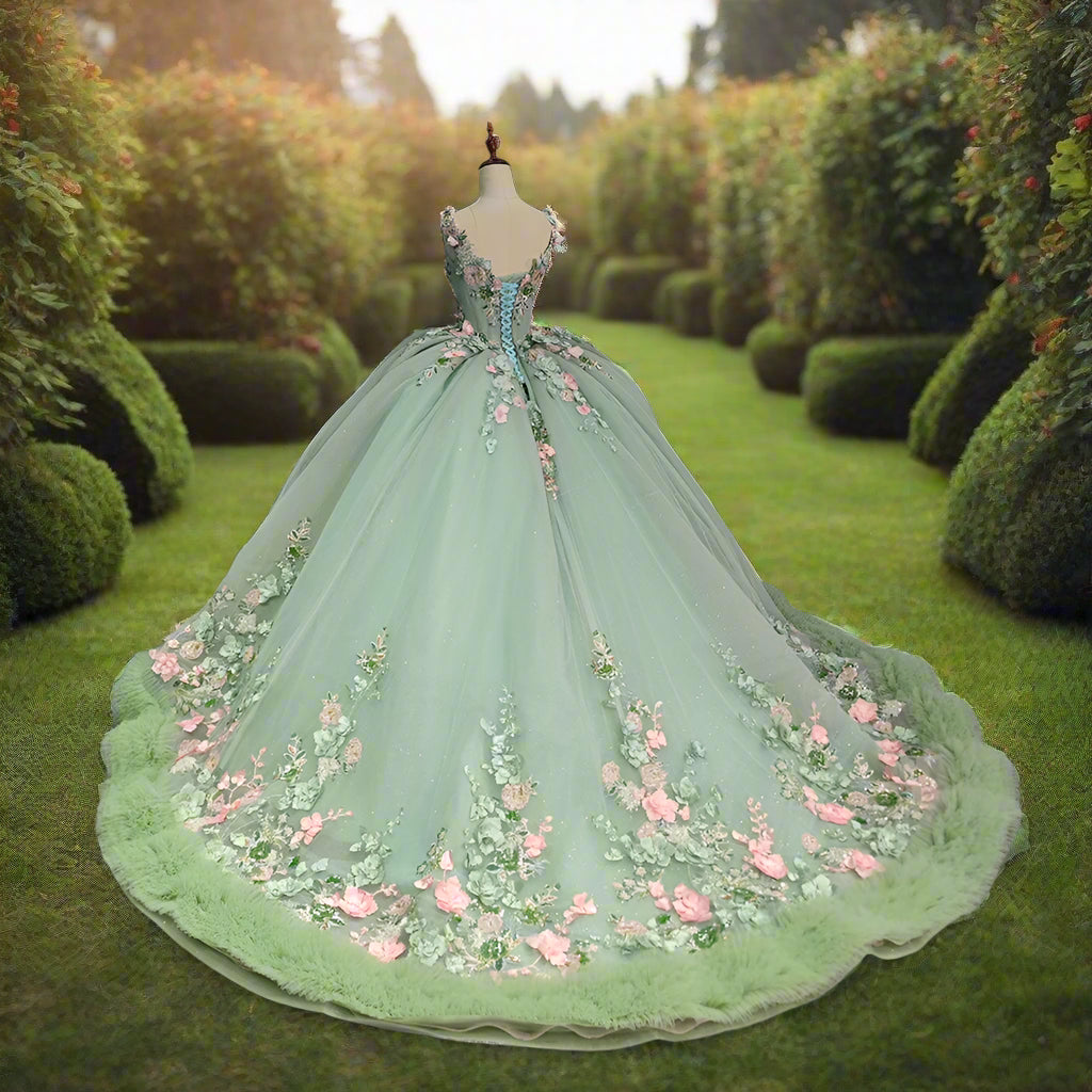 Green Sparkly Quinceanera Dress with 3D Flowers