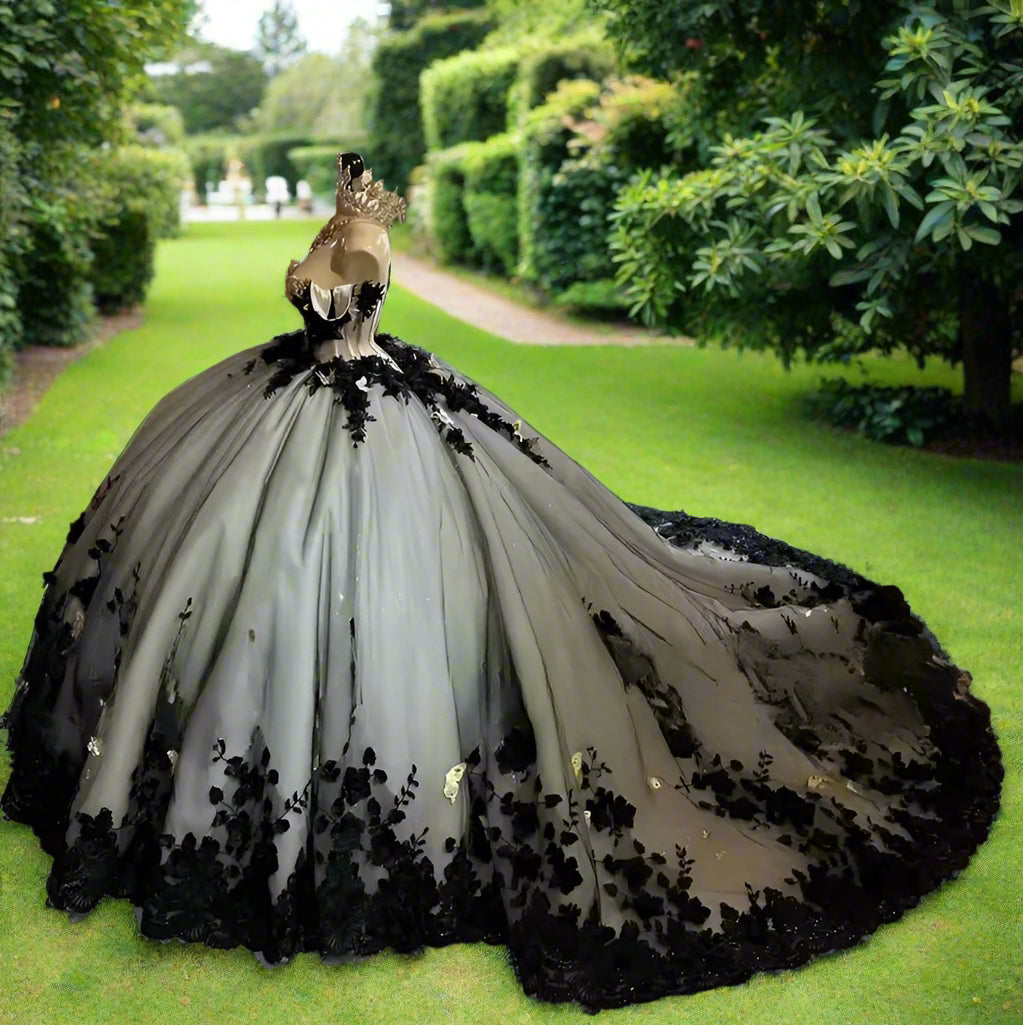 Enchanting Black Floral Applique Quinceanera Dress