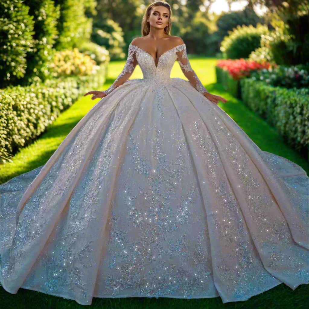 V-Neck Lace Long Sleeve Off The Shoulder Wedding Dress