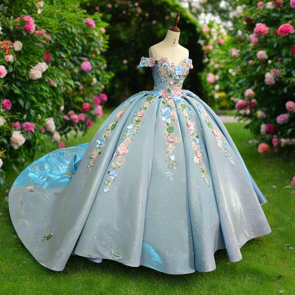 Blue Off The Shoulder Quinceanera Ball Gown with 3D Flowers