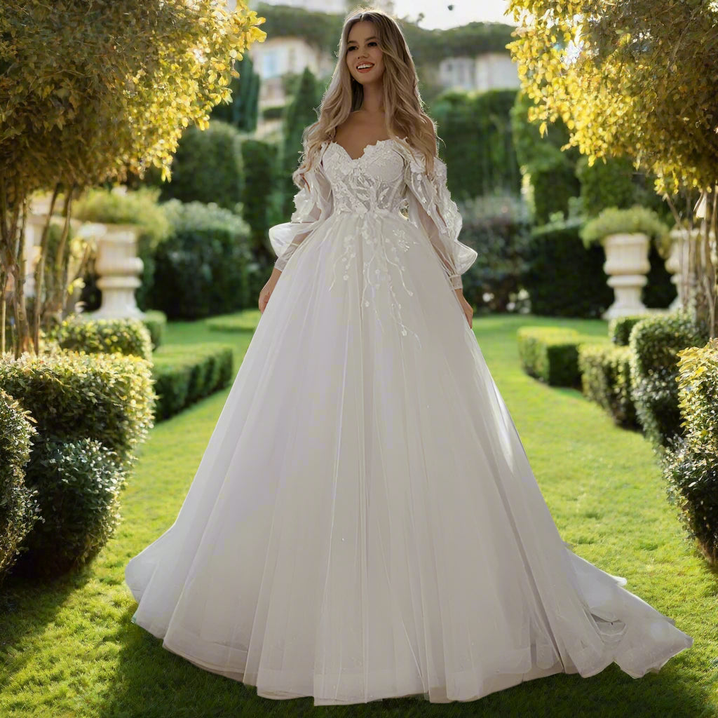 Off The Shoulder Lace Wedding Dress with Long Puff Sleeves