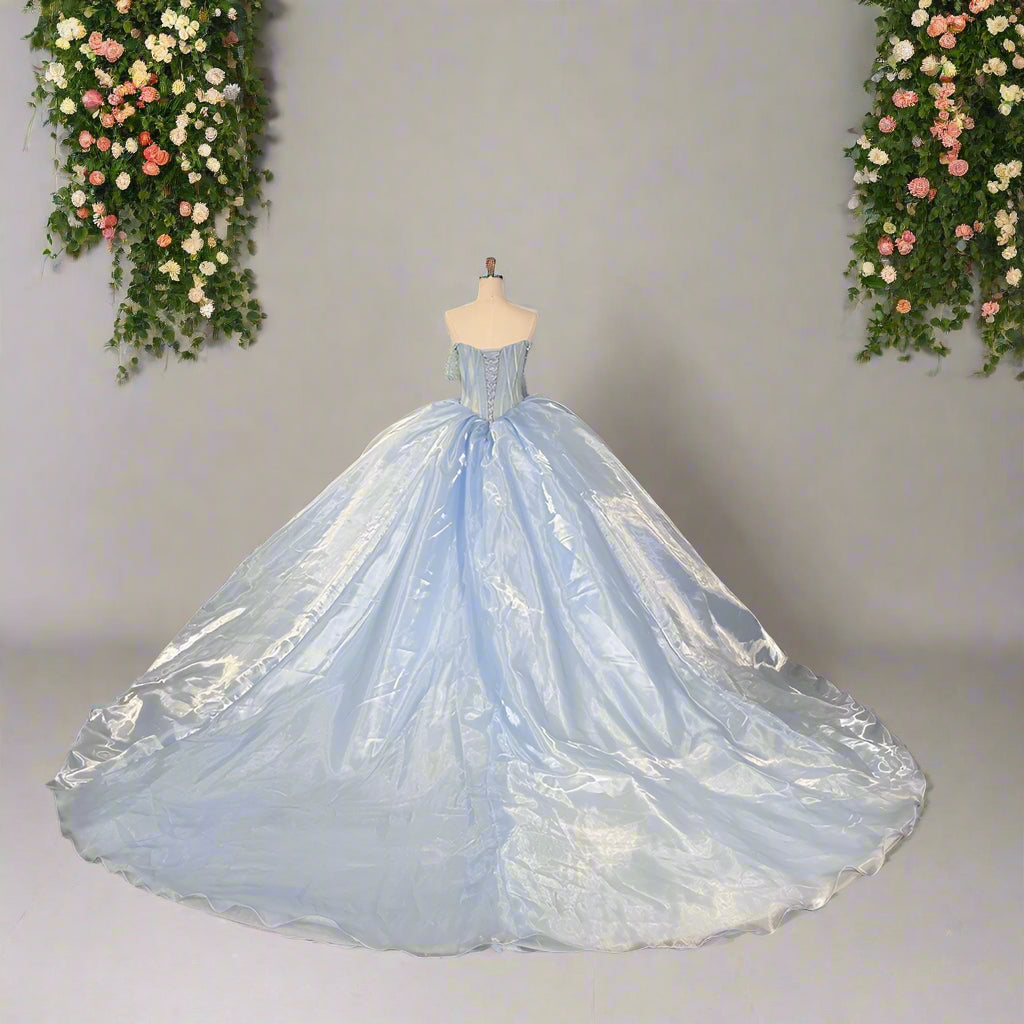 Blue Off The Shoulder Pearl Beaded Quinceanera Gown